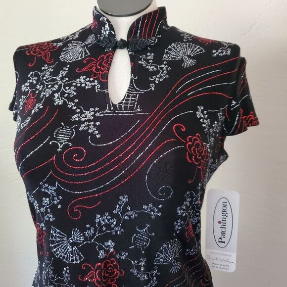 Sparkle black sliver red Cheongsam strettch top large - Picture 2 of 12